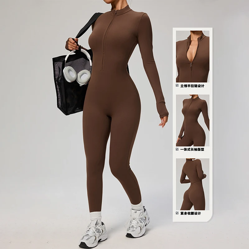 TRY TO BN Sports Yoga Jumpsuit Long Sleeves Zipper Sportswear Fitness Pants Workout Bodysuit One Piece Tights Women Gym Clothing