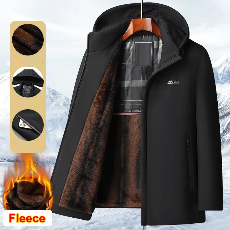 New Hooded Fleece Lining Men\'s Winter Jacket Coat Parka With Zipper Pockets Korean Winter Jackets for Men\'s Winter Coats Black