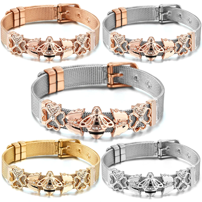 New Hot Sale 10mm Butterfly Bees Beads Stainless Steel Mesh Bracelets DIY Charm Keeper Bracelet For Women Men Brand Jewelry