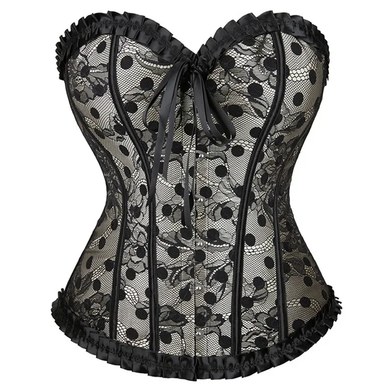 Lace Apricot Color Overbust Corset for Women Circular Dots Fashion Decoration Sexy Lingerie Victorian Floral Corsets