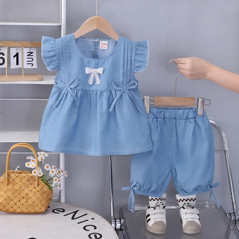2026 Summer New Toddler Girls 2pcs Set 1-4T Baby Girl Clothes Denim Ruffle Sleeve Bow Top Denim Shorts Kids Sweet Casual Outfits