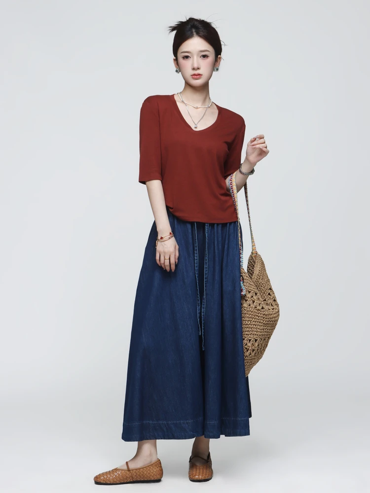 

Летняя джинсовая юбка трапециевидной формы с эластичной резинкой на талии для женщин, универсальная утягивающая хлопковая ткань с высокой талией, простой дизайн