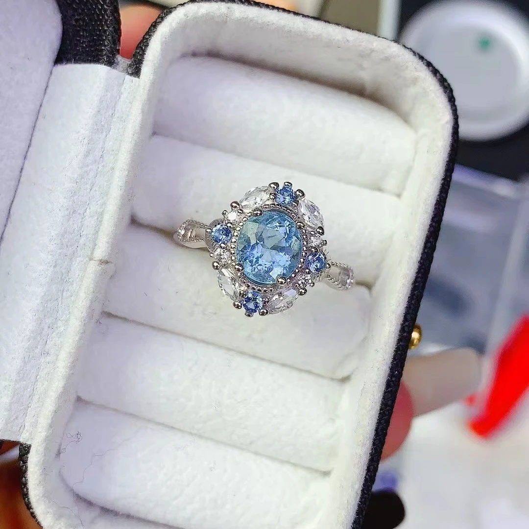 

KJJEAXCMY High quality Natural Aquamarine New Ring S925 Silver Inlaid Simple Jewelry Palace Fashion Design Women's Jewelry