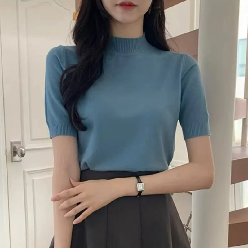 

Стильный универсальный вязаный свитер с высоким воротником и коротким рукавом для женщин, облегающий топ, новинка весенней коллекции Dongda Gate