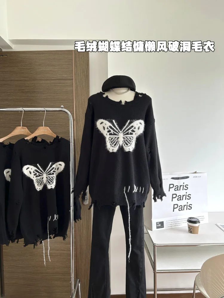 Off-the-shoulder Vintage Knit Sweater Autumn And Winter Sexy Chic Butterfly Design Sense y2k Style Warm Pullover Sweater