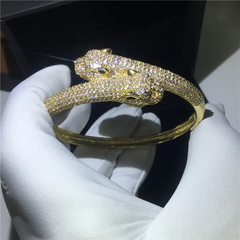 14K Gold Leopard Head Micro Pave Lab Diamond Bangle Party Engagement Bangles Bracelets for Women Men Wedding Accessaries