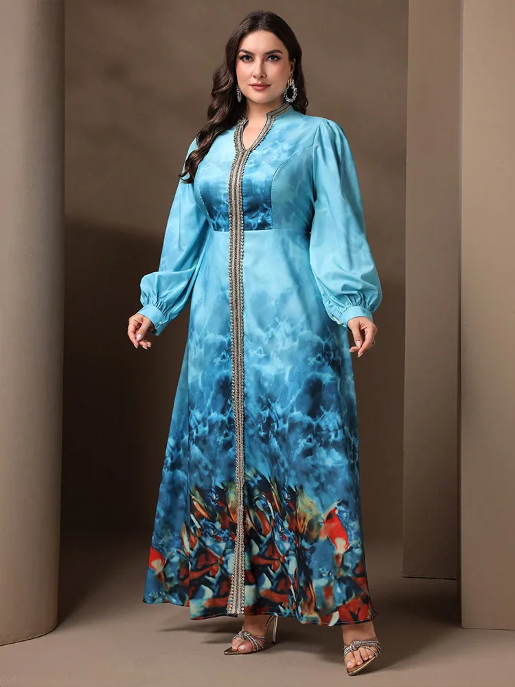 Dubai Printed Long Sleeve Abayas Maxi Dresses Plus Size Women High Waist Evening Party Dress Kaftan Abayas Femme Robe Islam Arab