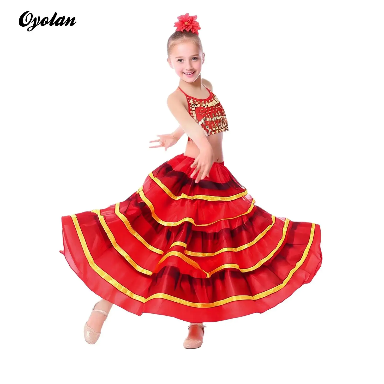 キッズガールズスペインフラメンコダンスパフォーマンスコスチュームティアードフリルサテンクラシックワルツ社交ダンスビッグスイングロングスカート