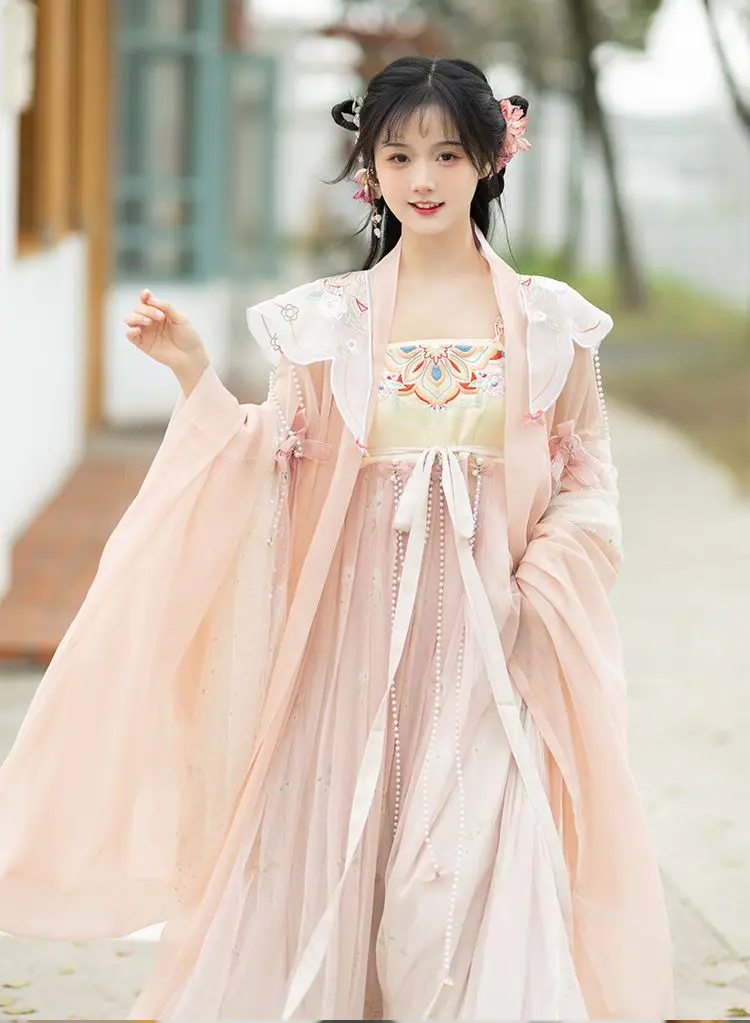 

Original Hanfu Female Fresh Skirt Tang Fairy Style Big Sleeves Daily Wear 9PCS SET Pink/Green/Beige Color
