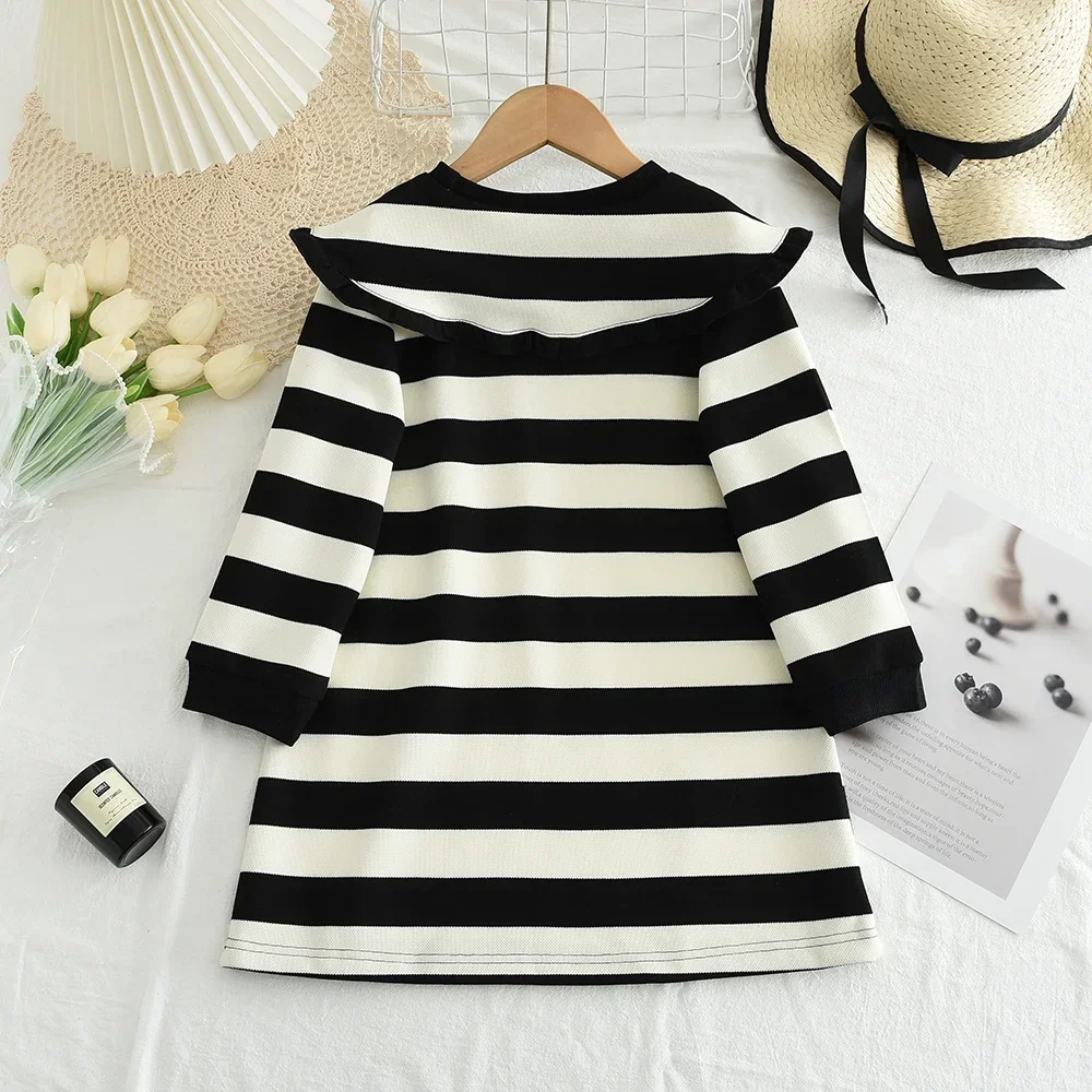 Children\'s Fashionable Casual T-shirt Dresses Black and White Color Blocked Collar Long Sleeved Dress Autumn Cute Girls Dress