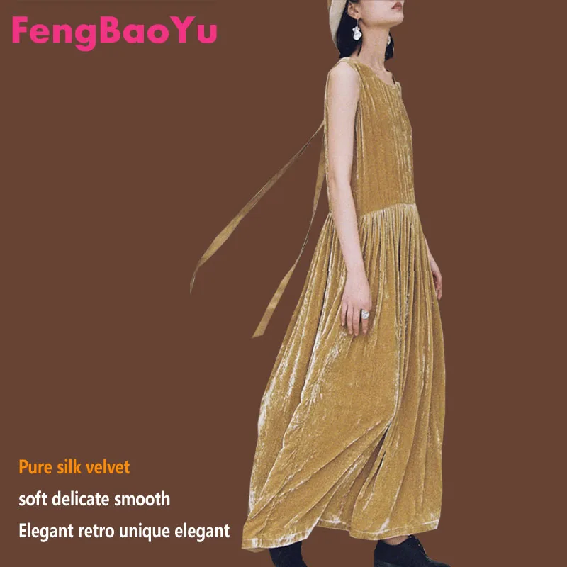 Fengbaoyu-Silkworm Velvet Dress for Women, Pleated Khaki Dress, Ribbon Vest, Long Skirt, Light, Luxury, High-end,  Spring