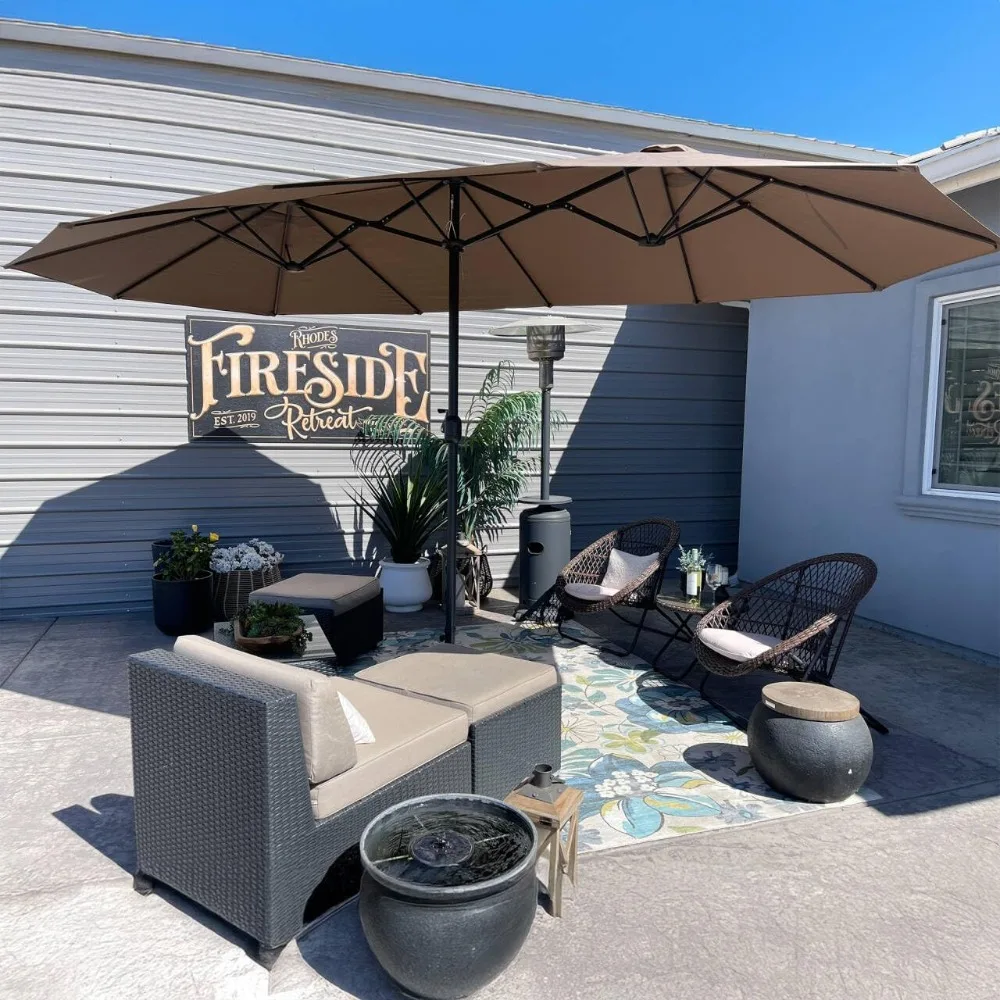 

15ft Patio Market Umbrella with Base Double-Sided Rectangle Outdoor Table Sun Umbrellas with Crank 12 Heavy Duty Sturdy