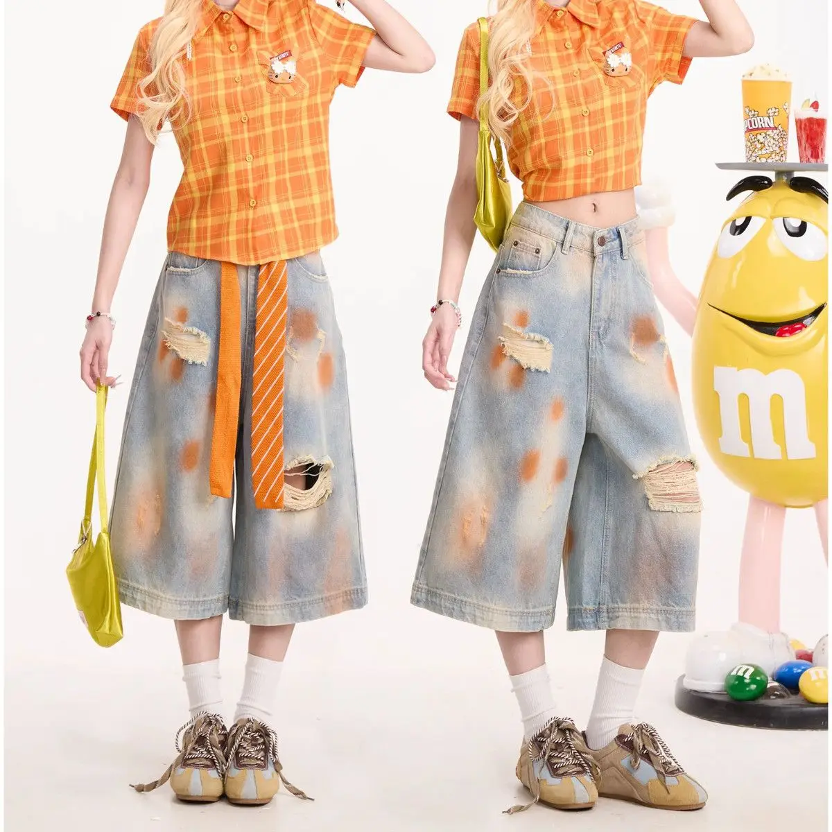 

American Retro Denim Cropped Pants With Dirty Dye And Holes Design For Women In Summer Lazy Wide-Legged And Niche Short Pants