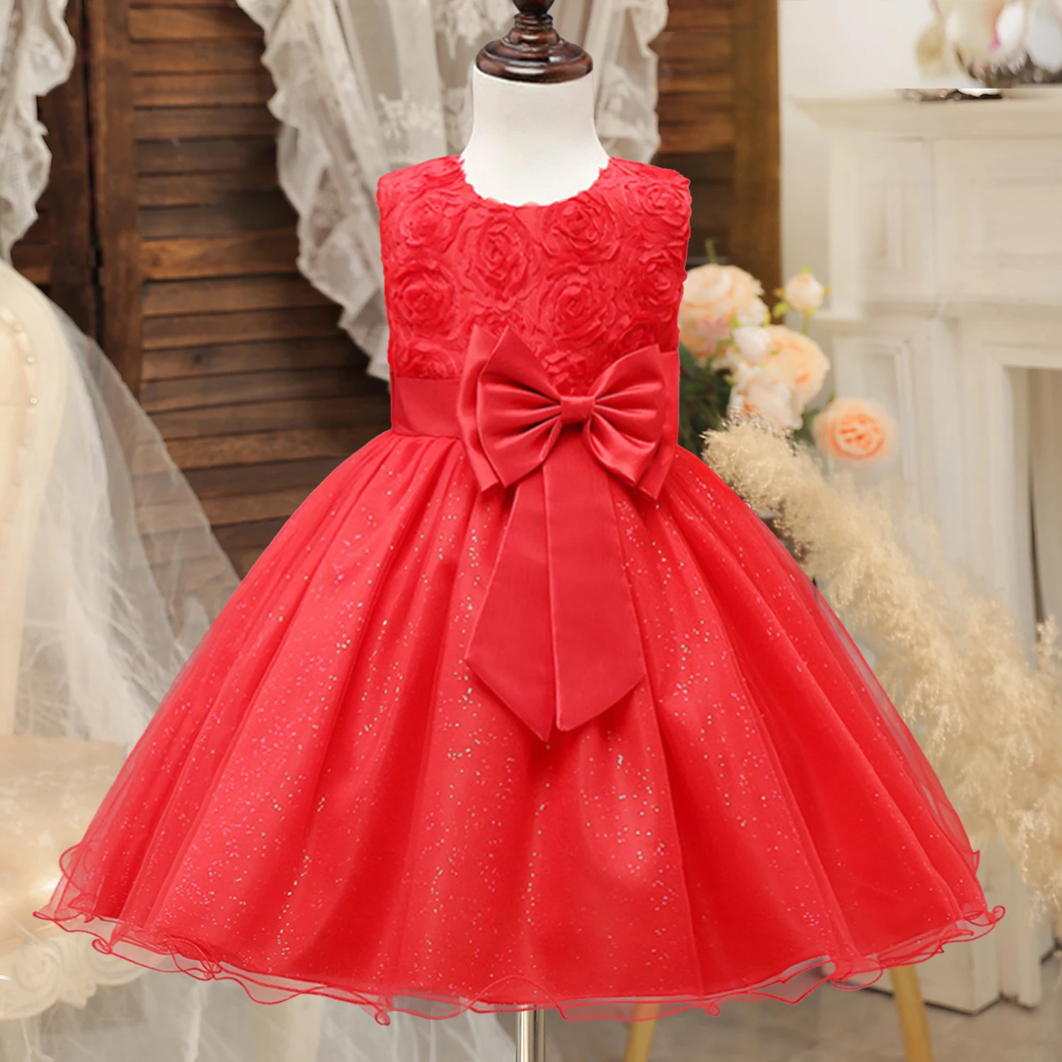 Flower Girls Dress for Wedding Princess Fuffy Appliques Gown Baby Girls Banquet Formal Gala Clothes Tutu White Dress for Girls