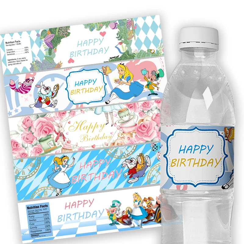 24pcs Custom Alice In Wonderland Water Bottle Wraps Sticker Labels Baptism Baby Shower Birthday Party Personalized Decor Supply