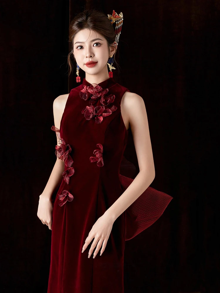 

Красный свадебный халат для утренней церемонии, китайский стиль, для новобрачной, женский, модный, на молнии, с цветочным узором, ручной работы, с поясом