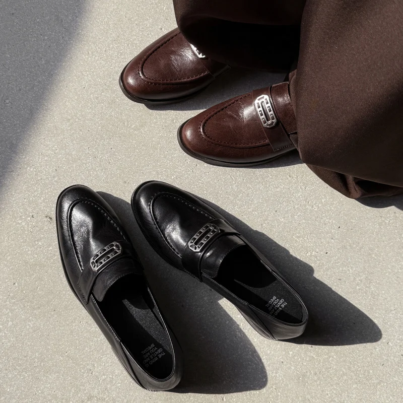 

Women's Genuine Leather Brown Loafers Comfortable and Elegant Designer Ladies Round Slip-on Woman Luxury 2026 Flat Shoes