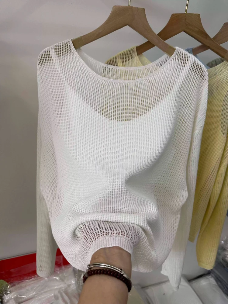 

Hollow Out Long Sleeve Thin Knit Blouse 2026 New Summer Sun Protection Cover Up Cami Figure-Flattering Two Piece Set Top