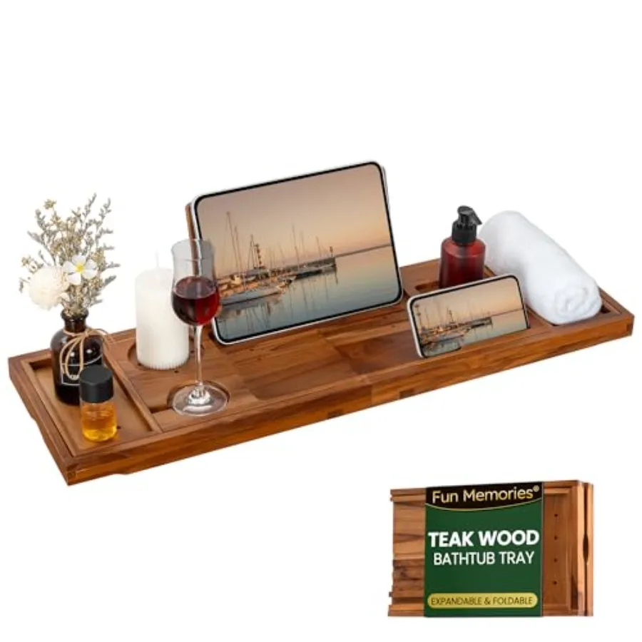 

Teak Bathtub Tray - Luxury Bath Tray with Expandable Handles, Wine Glass and Phone Holders, Book Stand - Perfect for Home Spa R
