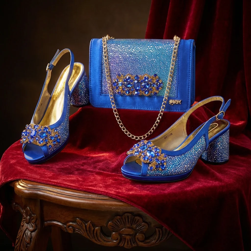 

Новейшие элегантные женские туфли на высоком каблуке в стиле INS, королевский синий цвет, с блестящими стразами, популярный в Нигерии итальянский дизайн, африканские женские туфли и сумка в комплекте.