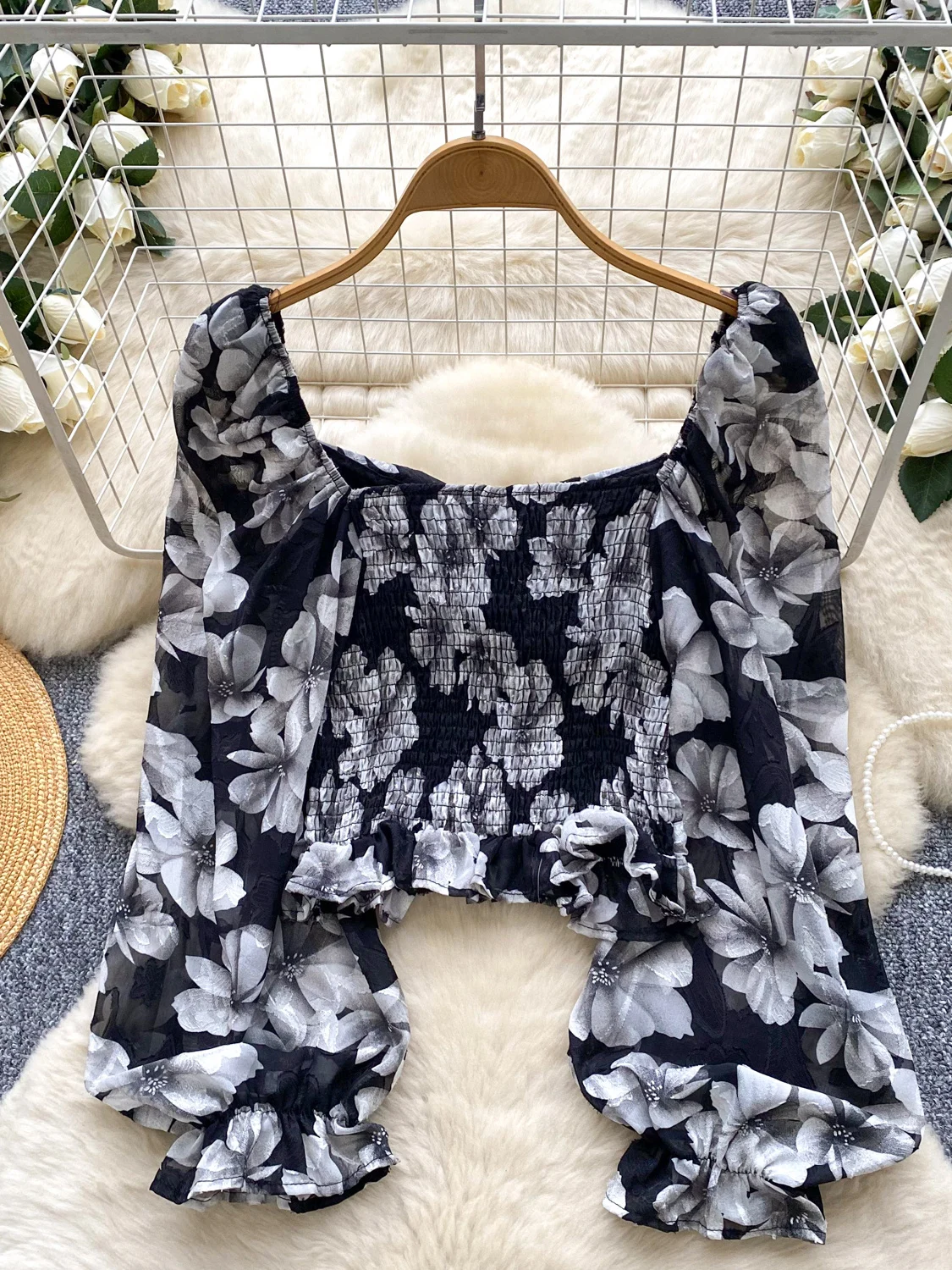 Mulheres preto gótico floral impressão camisas e blusas vintage elegante y2k 2000s emo manga longa gola quadrada camisa cortada outono