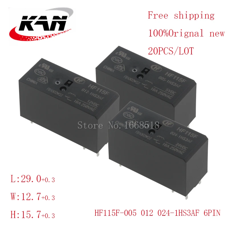 

Free shipping 20pcs relay HF115F-005-1HS3AF HF115F-012-1HS3AF HF115F-024-1HS3AF 5VDC 12VDC 24VDC 16A 250VDC 6PIN Original New