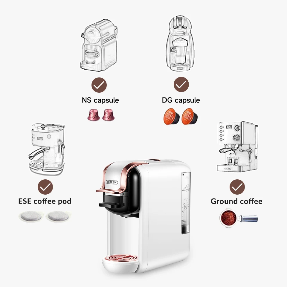 HiBREW Koffiezetapparaat Cafetera Heet/Koud 4in1 Meerdere Capsule 20Bar DolceGusto-Melk & Nexpresso Capsule ESE pod Gemalen Koffie H2A
