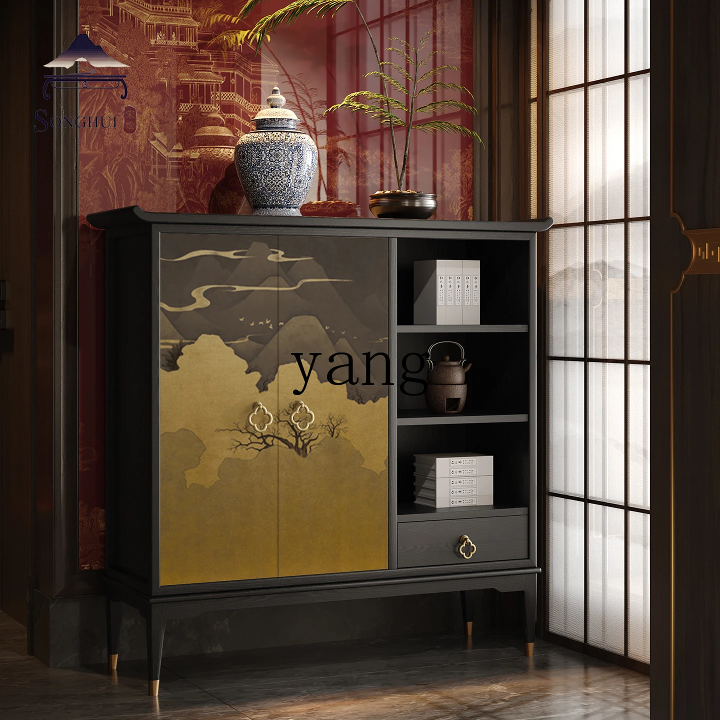 

LMM new Chinese pure solid wood dining side cabinet living room integrated wall tea storage cabinet