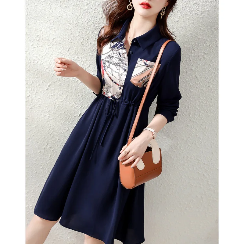 Damski patchworkowy sweter z długim rękawem ze sznurkami, elegancki obrotny kołnierz, damskie sukienki biurowy, jesienna moda, nowy, 2024