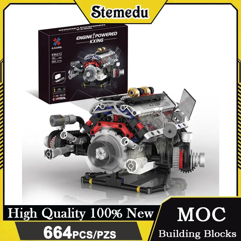 

664PCS Motorized V8 Power Unit Scale Model Mechanical Engineering Automobile Component With LED Light Construction Assembly Kit