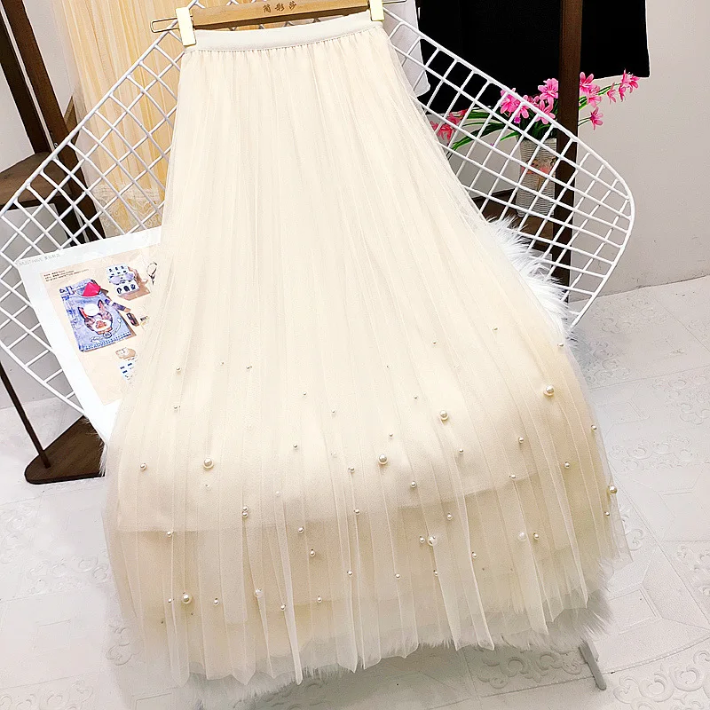 Beading Princess Tulle Skirts 2024 New Korean Style Spring Summer High Waist Elegant Mesh Pleated Skirt for Women Jupe Femme