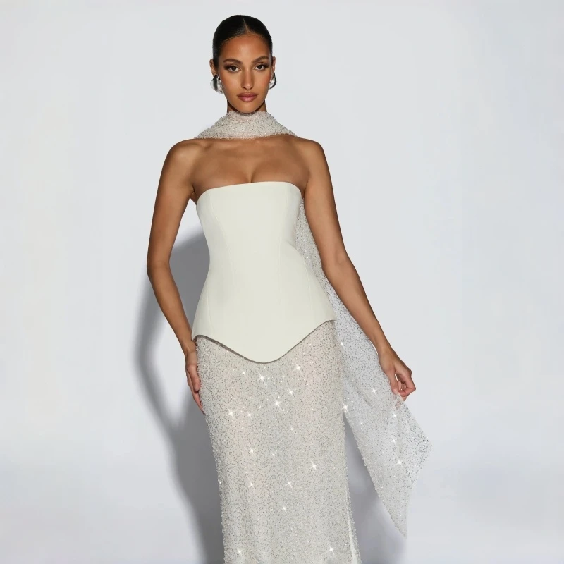 

Strapless Shiny Glitter Prom Dress Mermaid Lace-Up Vestidos De Noiva Floor-Length Sleeveless Evening Dresses Party Formal