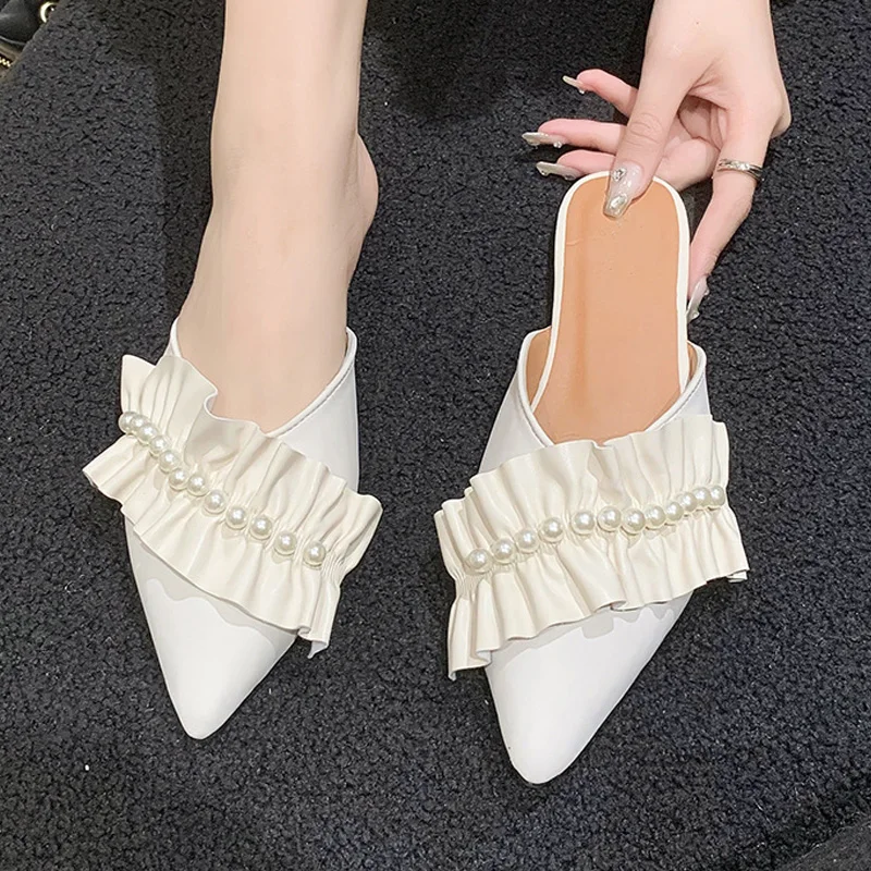 Women Flats Mules Fashion Ruffles Pleats Pearl Sandals Sexy Lace Pointed-toe Pumps Outdoor Slippers Ladies Loafers Casual Shoes