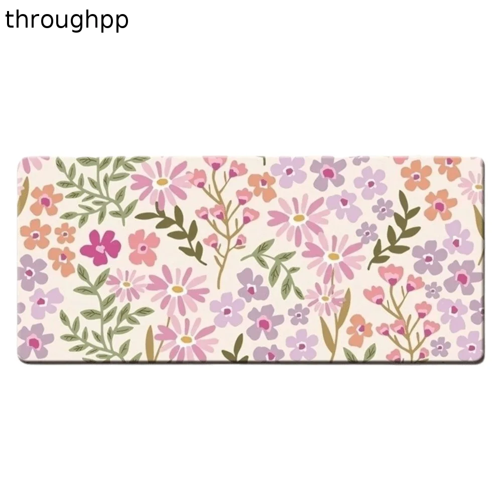 Stain-resistant Large Floral Desk Pad Rubber Base Non-Slip Gaming Mats Flower Pattern Stitched Edge Mouse Pad Home