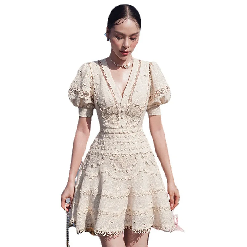 

2022 French V Neck Puff Sleeve Slim Waist Lace Dress Short Sleeve Embroidered A-line Dress