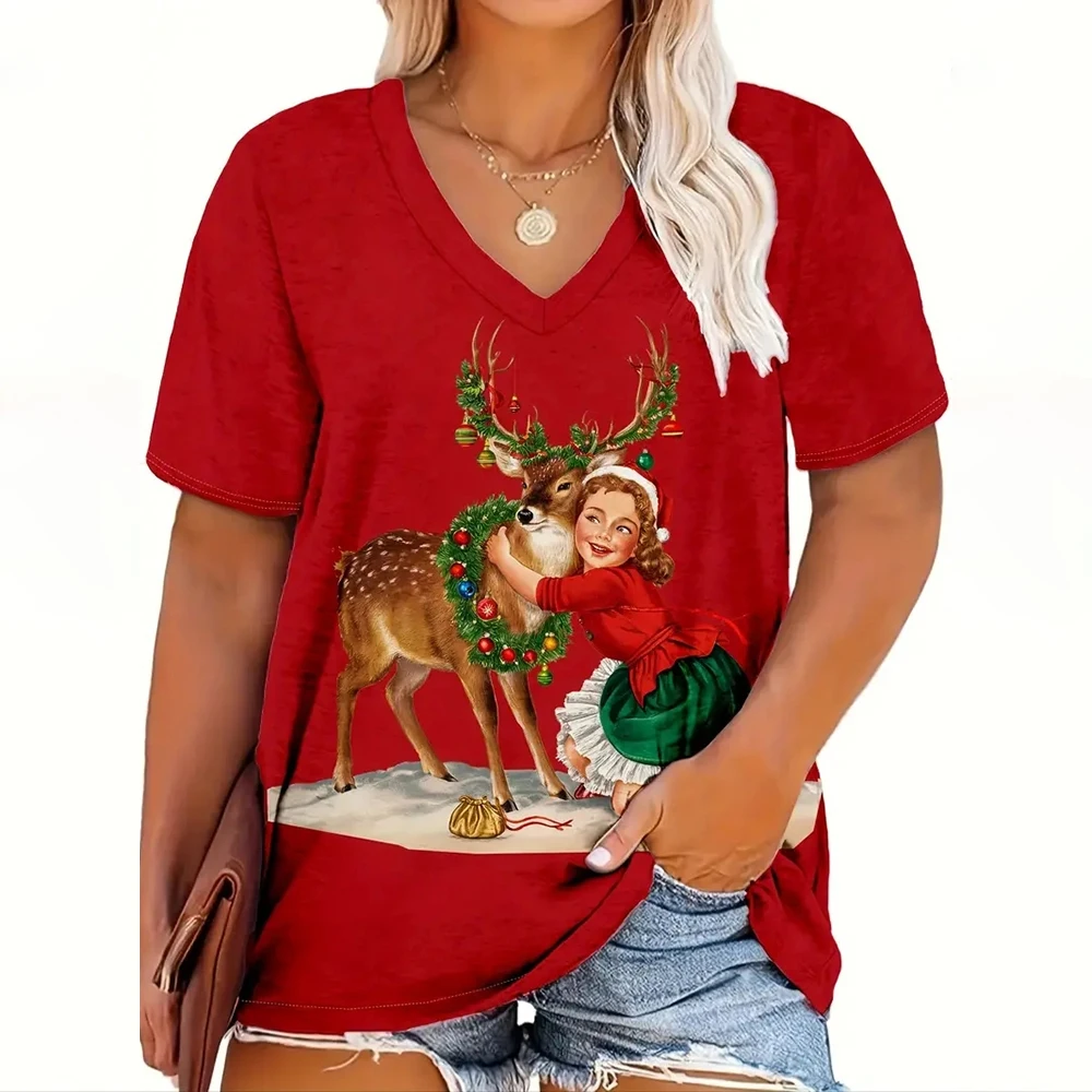 Christmas Women\'s T-Shirt Cartoon Print Street Fashion V-Neck Short-Sleeved Tee Festival Clothing Casual Female T Shirt Pullover