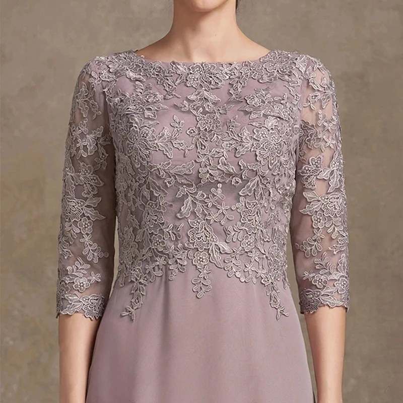エレガントなライラックの花嫁の母ドレス レース装飾イブニングドレス 半袖シフォン フォーマルガウン 結婚式のゲストドレス用