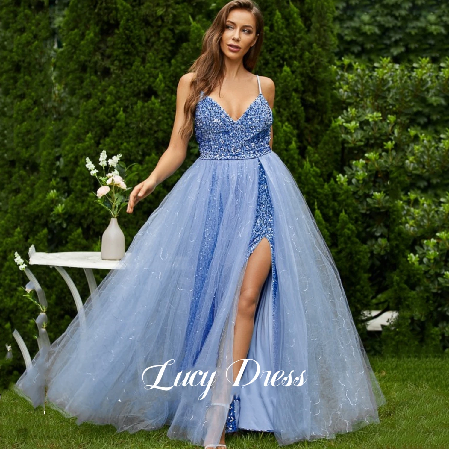 

Lucy Slit Luxurious Women's Evening Dresses Ladies Ball Gown Guest Wedding Party Dress Women Elegant Luxury Sequins Sky Blue