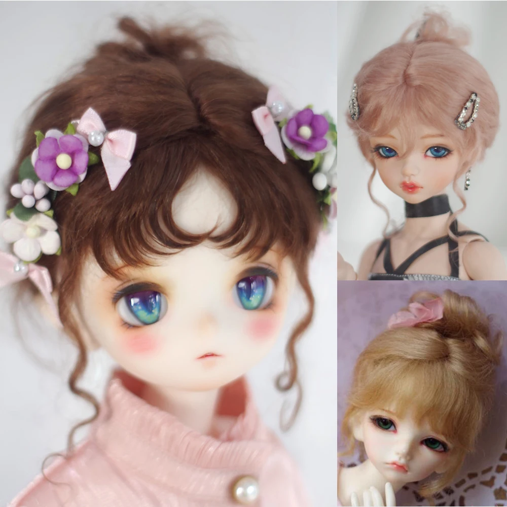 D09-P378 children handmade toy   1/6 1/4 1/3 MSD bjd doll wig pink brown Mohair Updo Curly hair sweet style 1pcs