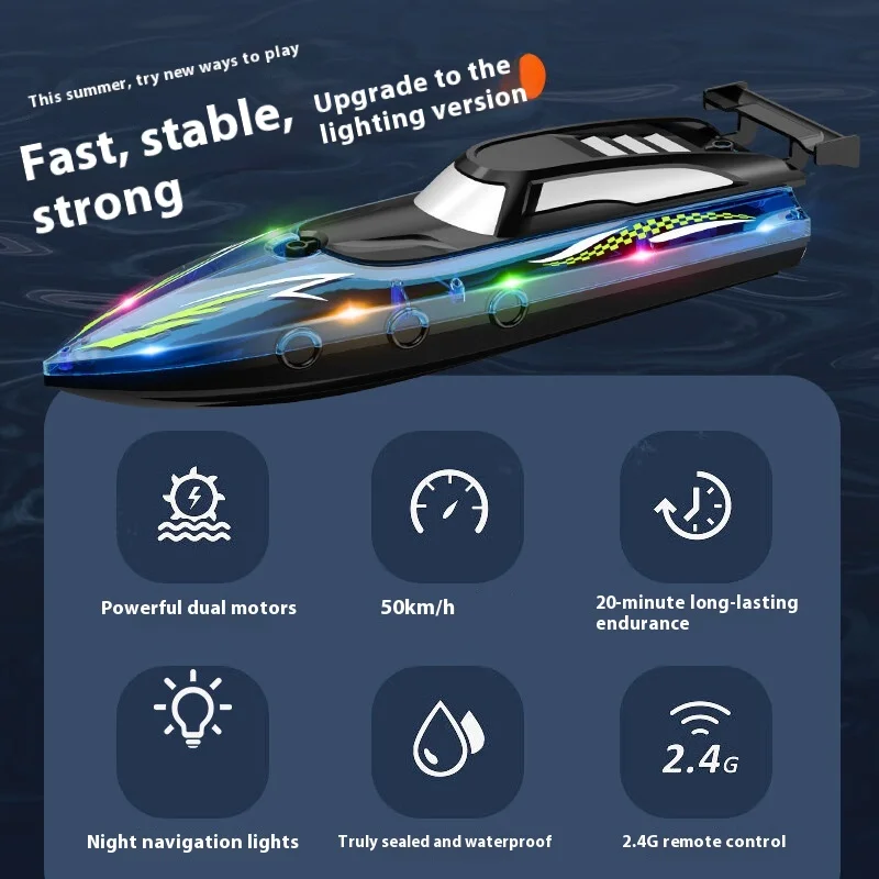 Barco de carreras RC de doble Motor de 2,4G, resistente al agua de alta velocidad con luces LED, barco de Control remoto listo para correr, juguete para entretenimiento
