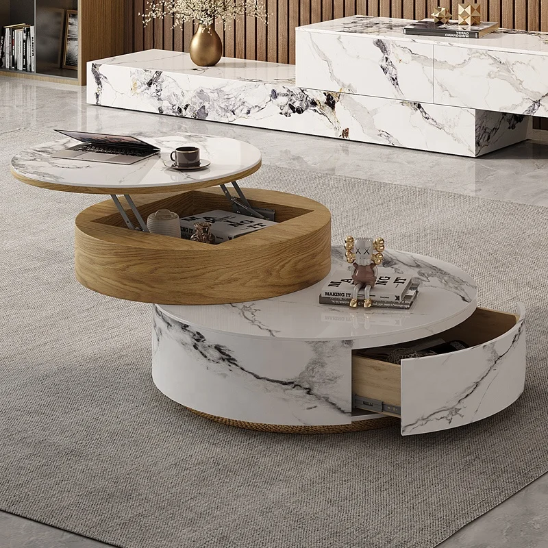 Mesa de centro de color blanco y Natural de lujo con almacenamiento, mesa de centro de madera de anidación moderna, redonda, elevación superior