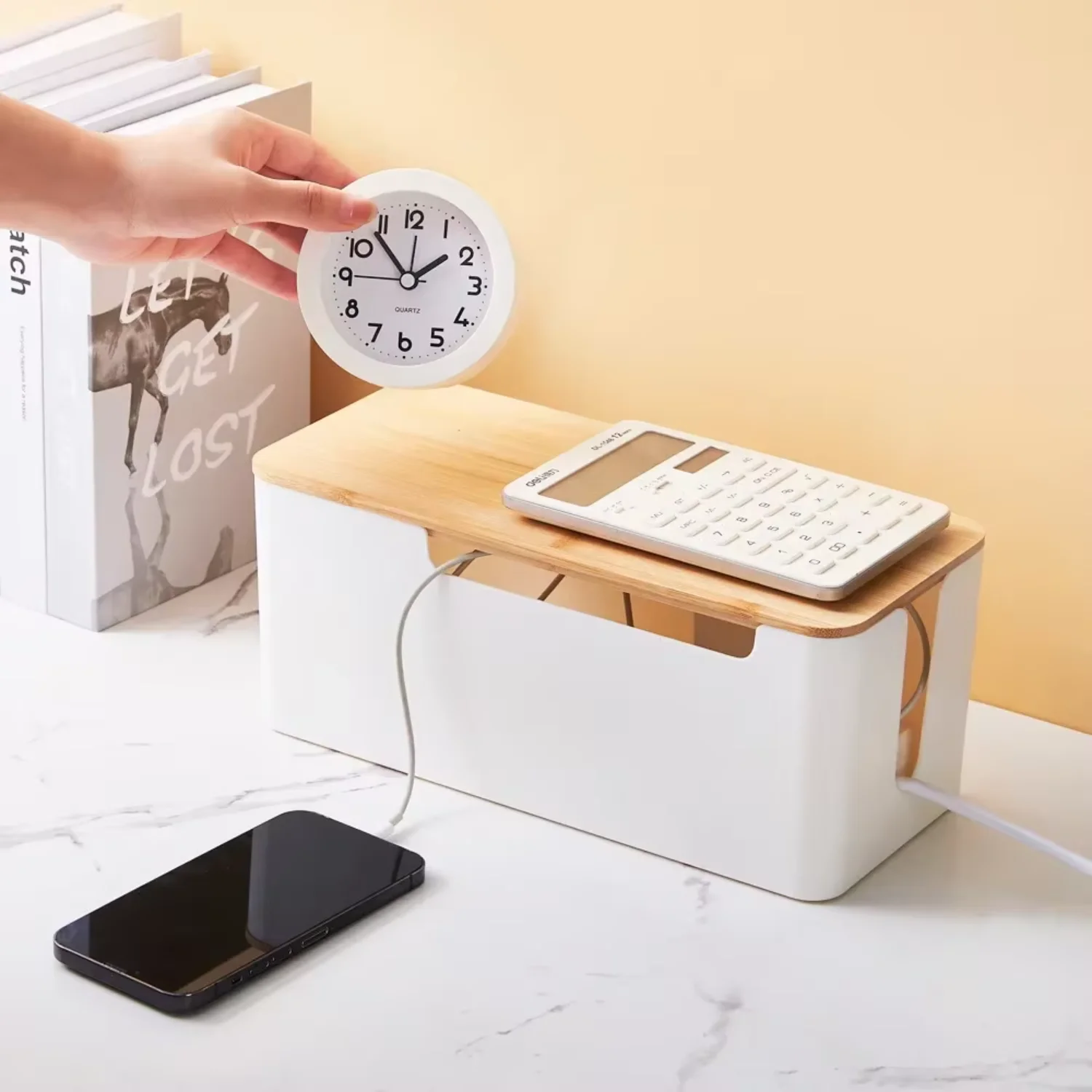 

Wooden Office Cable Box Power Line Wire Management Organizer Charger Socket Network Line Bin Desk Storages