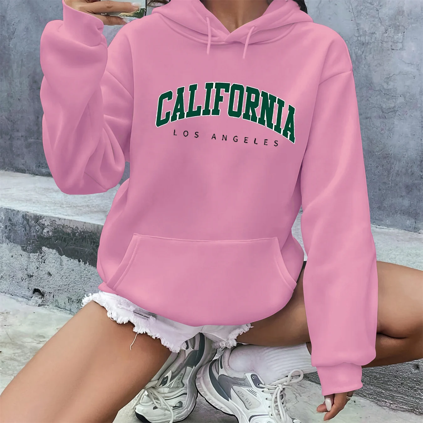 سترة نسائية للخريف والشتاء دافئة وفضفاضة كاجوال بنمط كاليفورنيا لوس أنجلوس مطبوعة من جلد الغزال بأكمام طويلة وغطاء للرأس #2