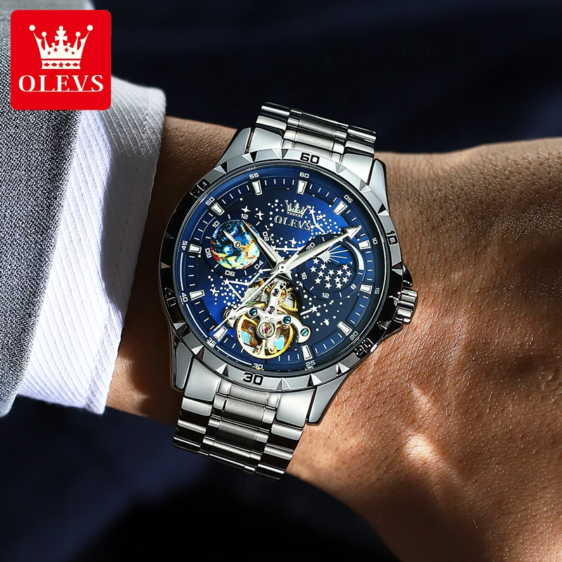 OLEVS 6689 문 페이즈 남성용 시계, 럭셔리 별이 빛나는 하늘 HD 발광 방수 시계, 브랜드 트렌드 전자동 기계식 남자 시계