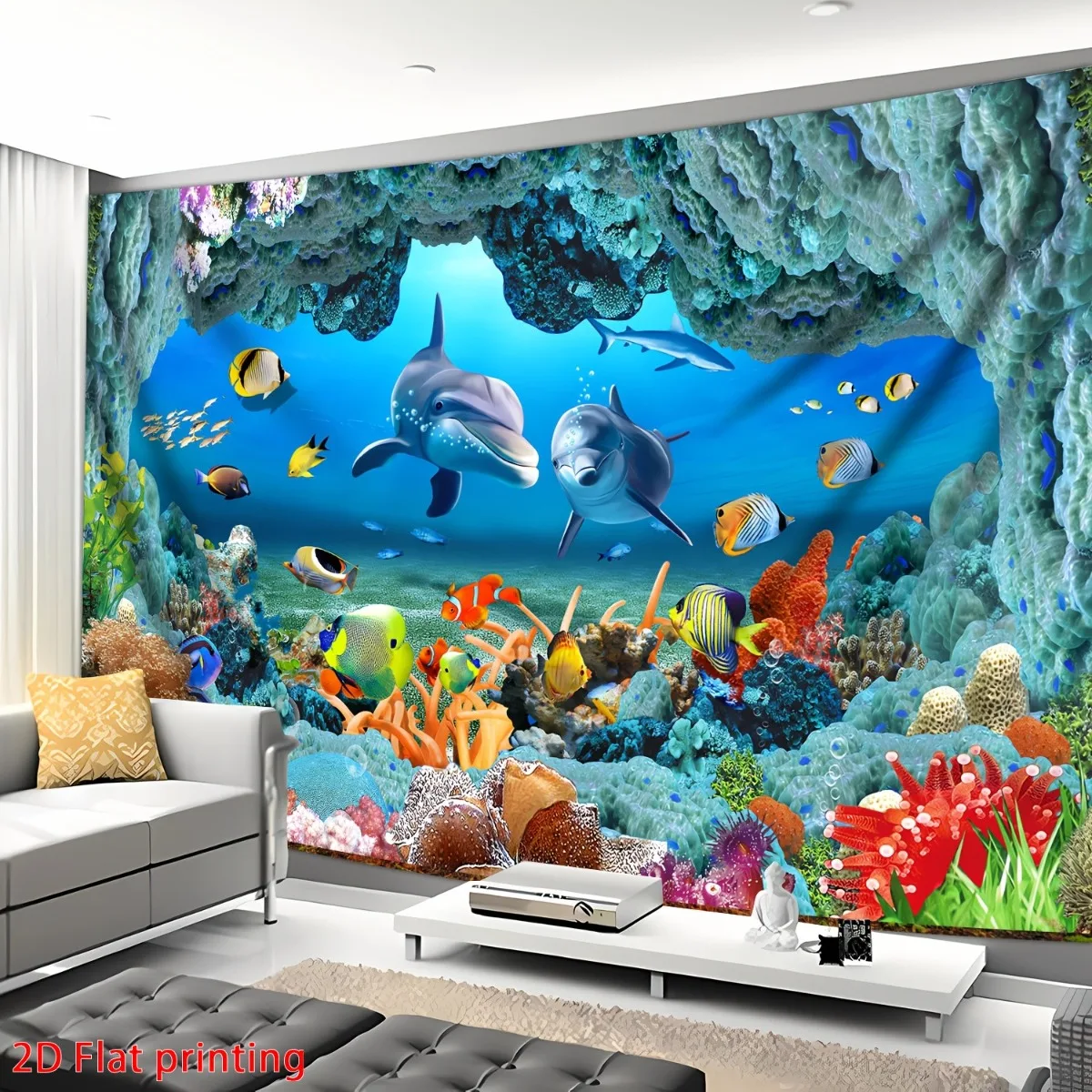 Ocean Coral Reef Tapestry Wall Hanging,Cute Dolphins Colorful Tropical Fish Underwater Cave Backdrop for Bedroom Dorm Wall Decor