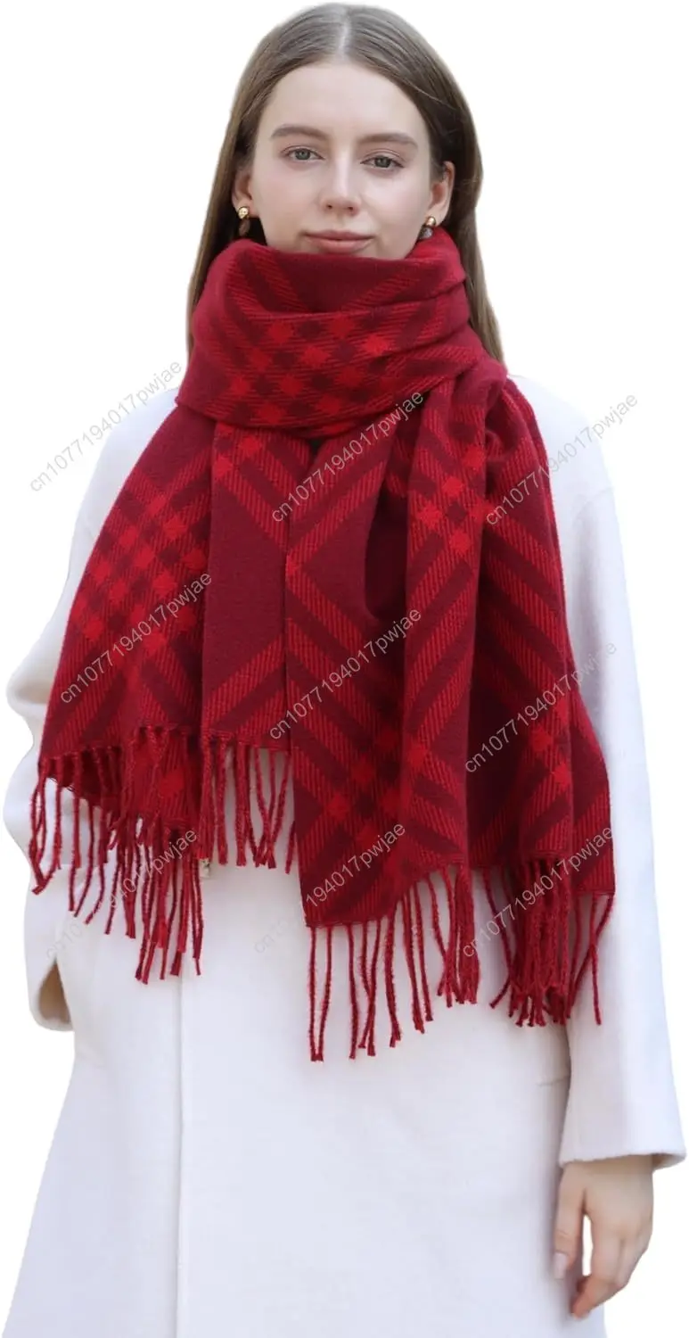 

Wander Agio Womens Reversible Scarf Plaid Soft Cashmere-Feel Winter Shawl Wrap Oversized Tartan Stripe Fringe Scarves