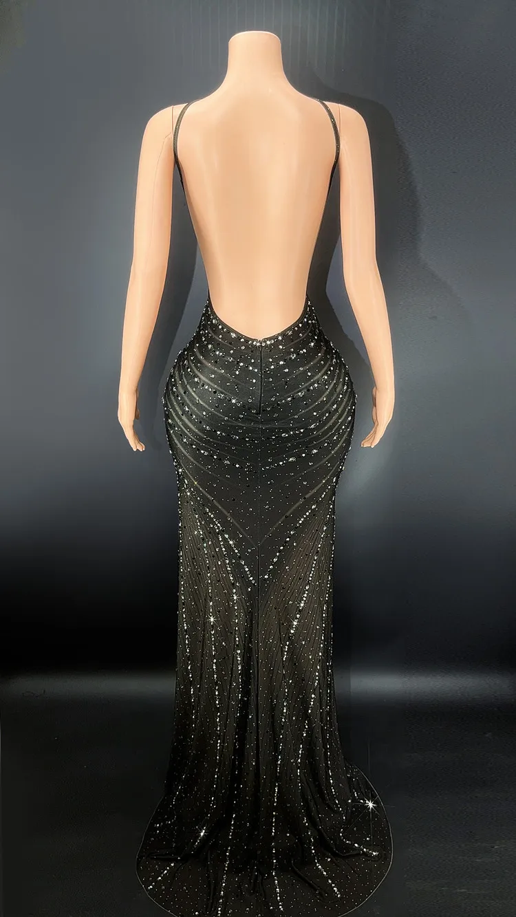 Imagem -03 - Preta para Mulheres Brilhando Diamantes Vestido de Festa à Noite Alças Cruzadas Sexy Hollow Out Pacote Hip High Slit Dress Alta Qualidade Cor