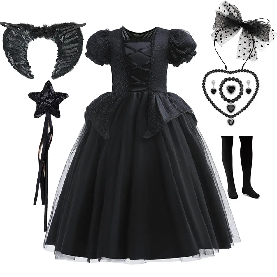 

Toddler Girl Black Dress Elegant Princess Vestido Party Carnival Halloween Costume Ghost Bride Clothing Wednesday Addams Gown