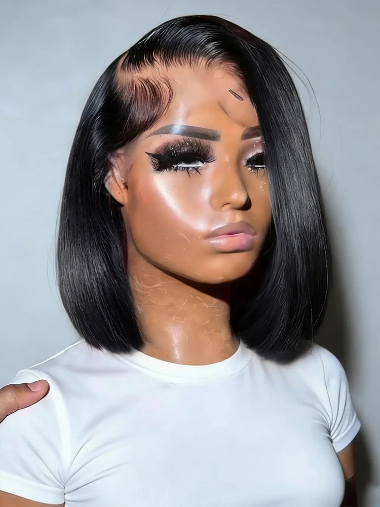 Bob-Perücke 100% Echthaar 13x4 HD Lace Frontal Perücken 12 Zoll Kurze Glatte Frontal Perücken Transparente Spitze Vorgezupft mit Babyhaar