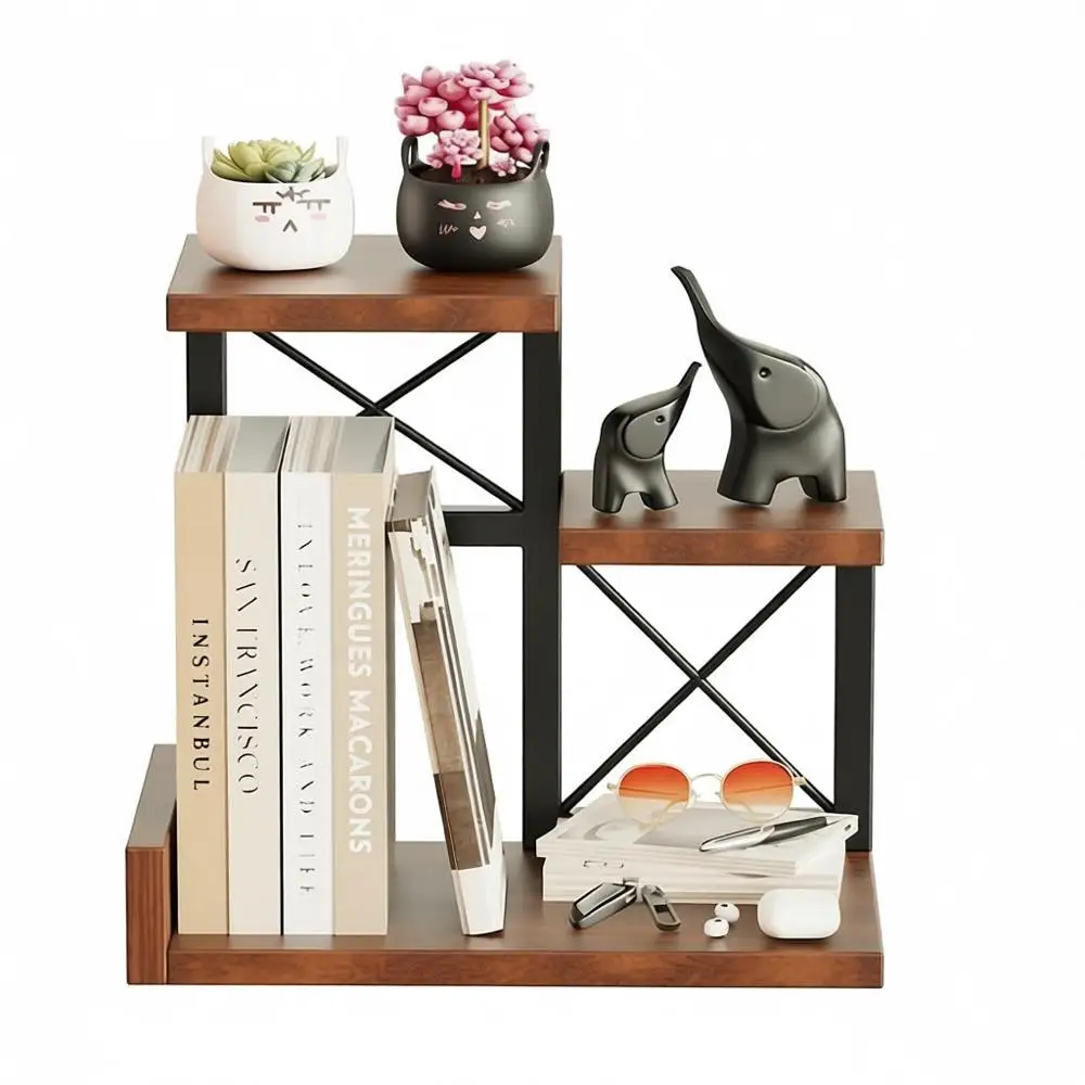 

Wooden 3-Tier Desk Organizer with Bookshelf, Nightstand Storage, and Display Stand for Home or Office (Brown)
